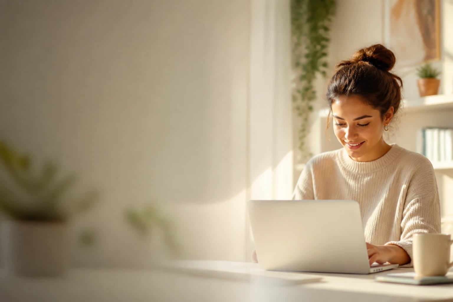 estudante usando notebook em ambiente luminoso